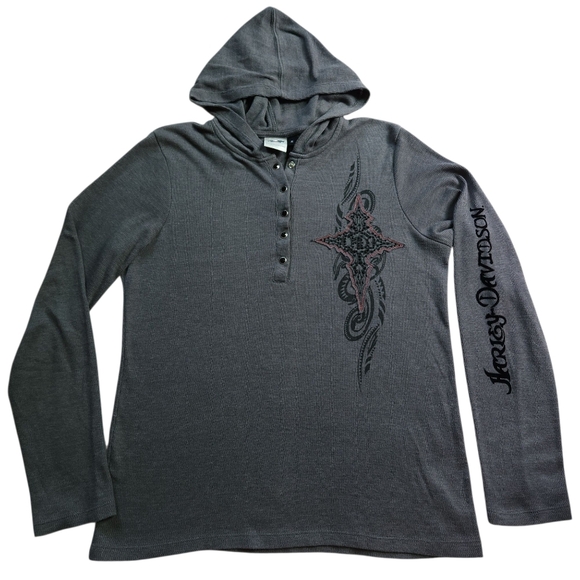 Harley-Davidson Tops - Harley Davdison Hooded Tribal McBling Biker Thermal Rhinestone Top Sz  XL